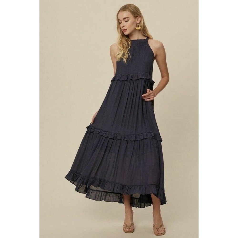Listicle Women's S Navy Blue Textured Woven Halter Neck Ruffle Pocket Maxi Dress